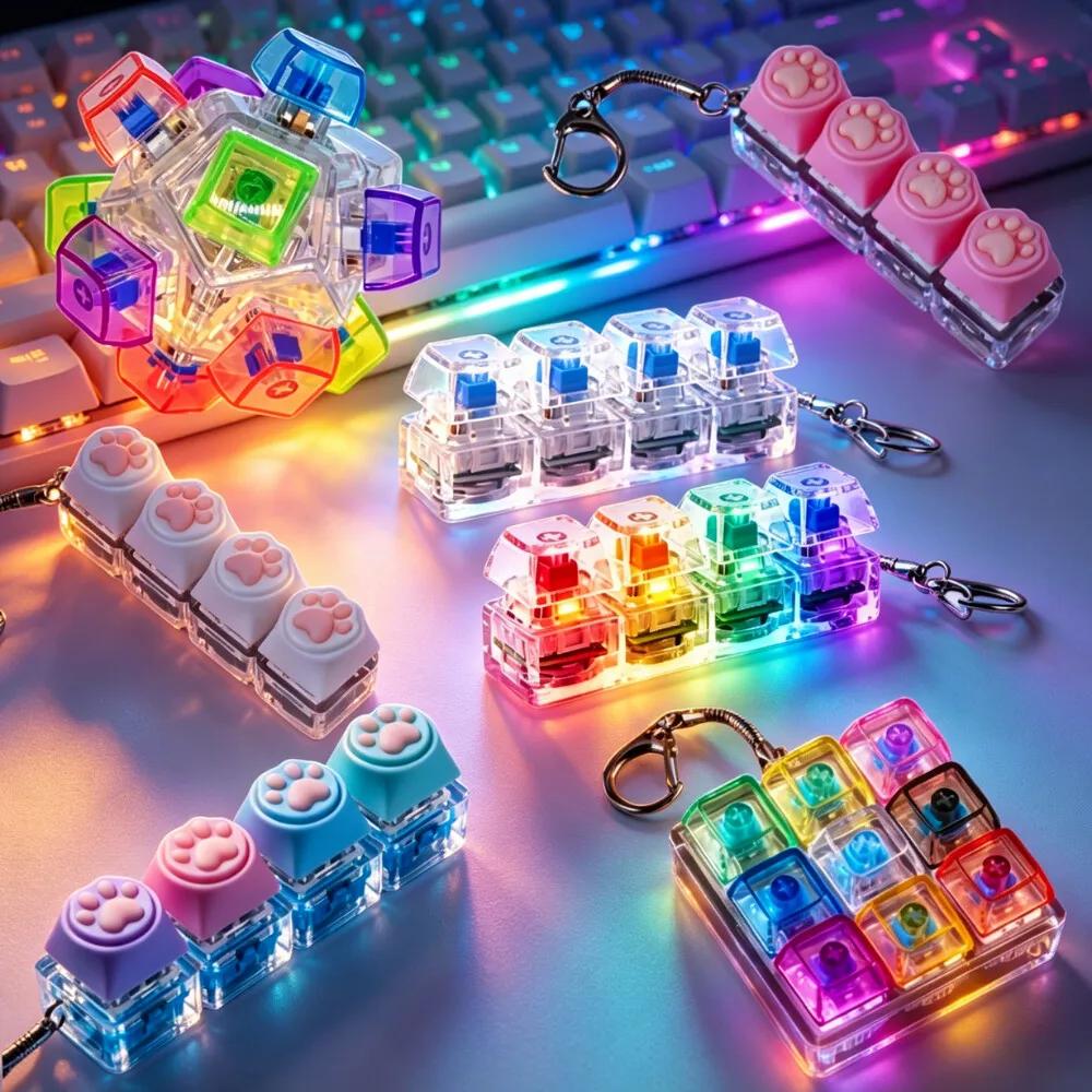 Klíčenka na klávesnici LED Fidget hračky Křišťálový kliker Senzorická hračka pro úlevu od stresu Klíčenka na klávesnici Fidget gadget pro dospělé děti