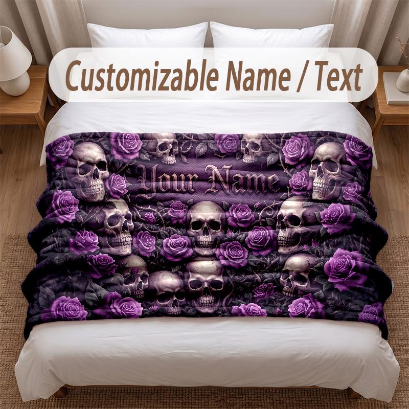 Skull Gothic Theme Soft Blanket Personalized Custom Name Text Print Warm Blanket Home Sofa Bedroom Decor