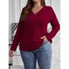 Autumn Winter Solid Color Plus Size Top Cross V-neck Long Sleeved Groove Brushed Pullover T-shirt