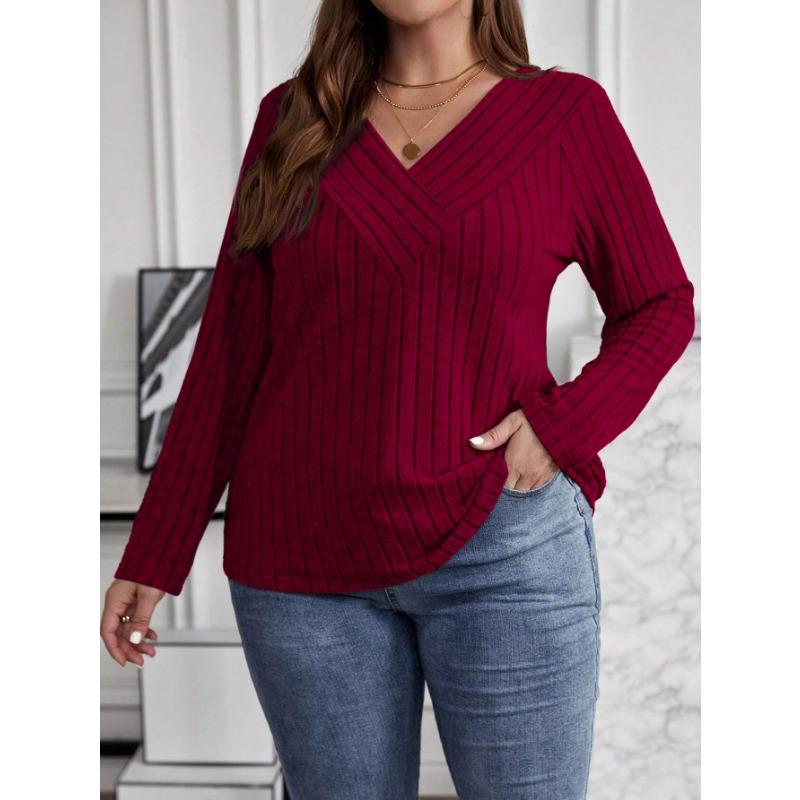 Autumn Winter Solid Color Plus Size Top Cross V-neck Long Sleeved Groove Brushed Pullover T-shirt