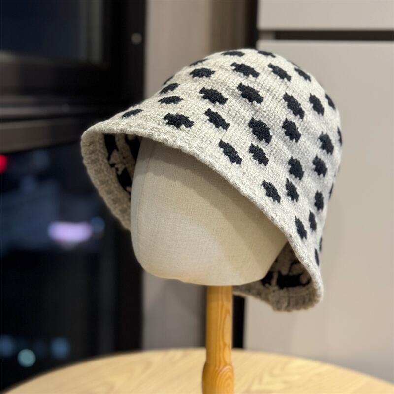 New Wool Hat Women's Winter Warm Polka Dot Knitted Hat Casual Face Small Bucket Hat Big Head Cold Hat
