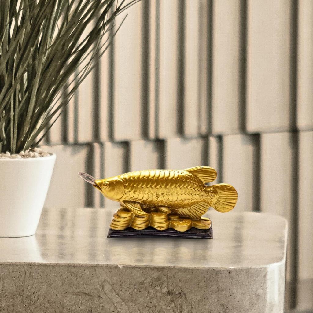 Feng Shui Golden Arowana Fish Statue Showpiece with Coin In Mouth Wealth Symbol, Protects Mishaps, Troubles Vastu Products Home & Office