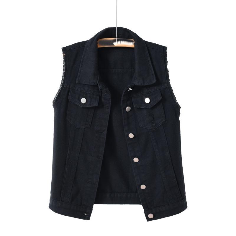 Women Single Breasted Denim Vest Autumn Winter Solid Casual Turn Down Collar Pocket Sleeveless Short Jean Coat Streetwear