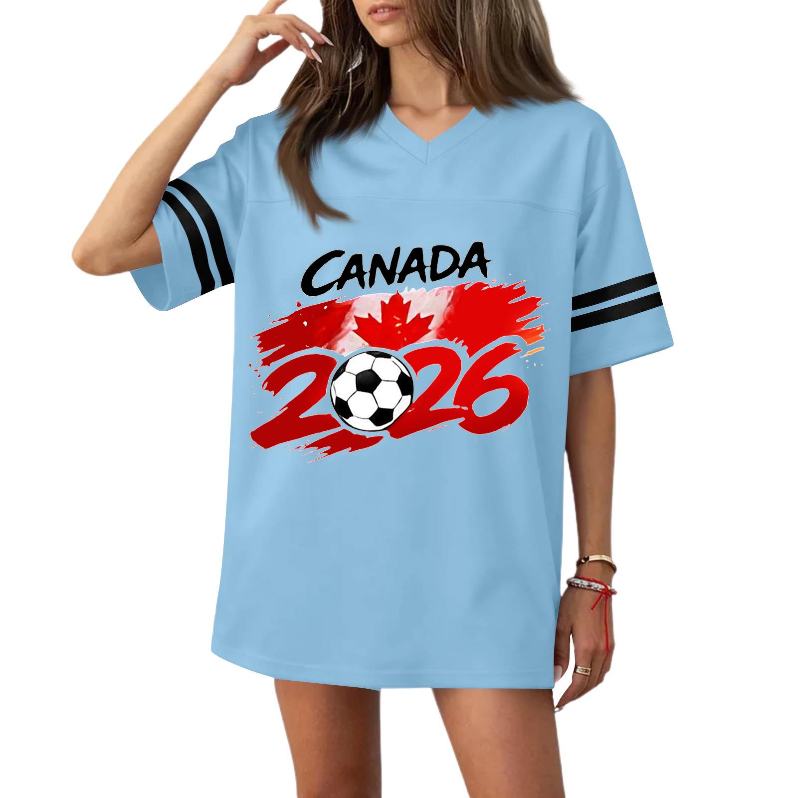 Women V Neck Short Sleeve Soccer Flag Print Casual Jersey Style Loose Fit Top for Sports and Wear 2026 XL