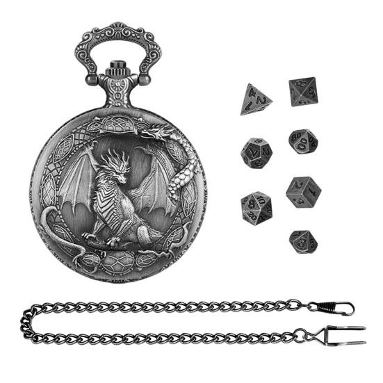 Metal Dice Set with Dragon Pocket Watch Case 7 Dices Portable Vintage Multi-side Game Dice Family Night Party Board Game