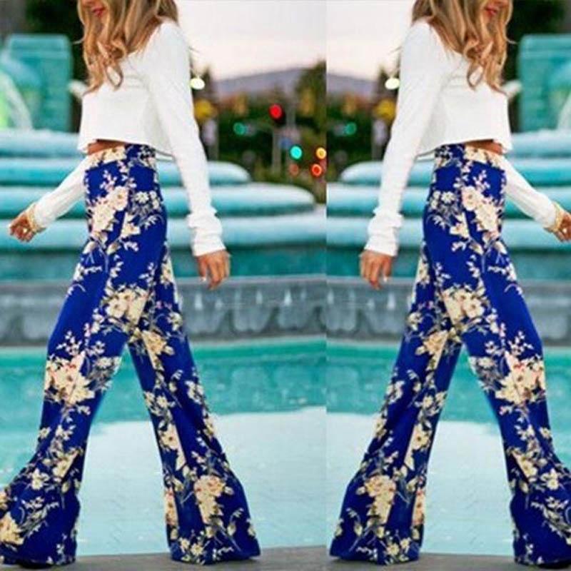 Women Bohemia Long Pants Floral Print Straight Casual Loose Trousers With Micro Fiber Material