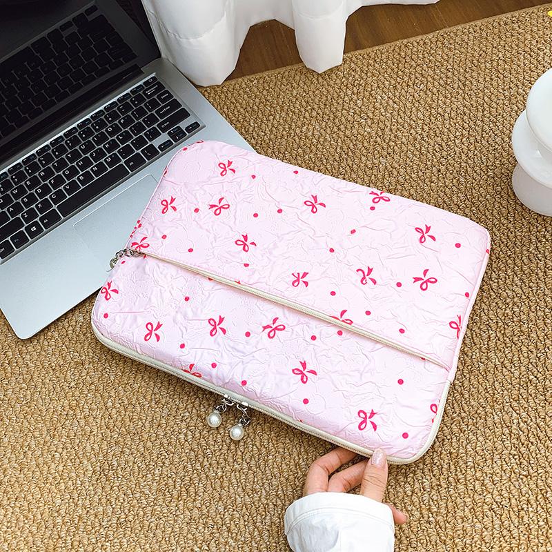 Professional Laptop Bag with Pearl Accent Zipper 13/15 Inch Ruffled Texture Shock-Resistant Cover for Work Leisure Activities
