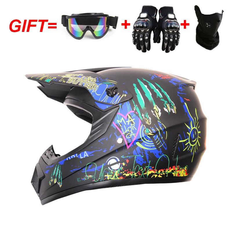 Full Face Off-Road Motorcycle Helmet Dirt Bike ATV Mountain Biking Use ABS Safety Gear With Visor Gloves Mask