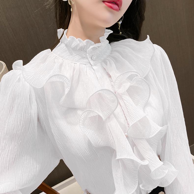 Elegantní jaro nové volánkový stojáček límeček s dlouhým rukávem šifon košile jednobarevné dámské halenky černá košile cardigan