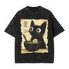 Japanese Ramen Cat T Shirt Men Women Funny Black Cat Eating Noodles Graphic Tee Washed Vintage Summer Top Harajuku Streetwear