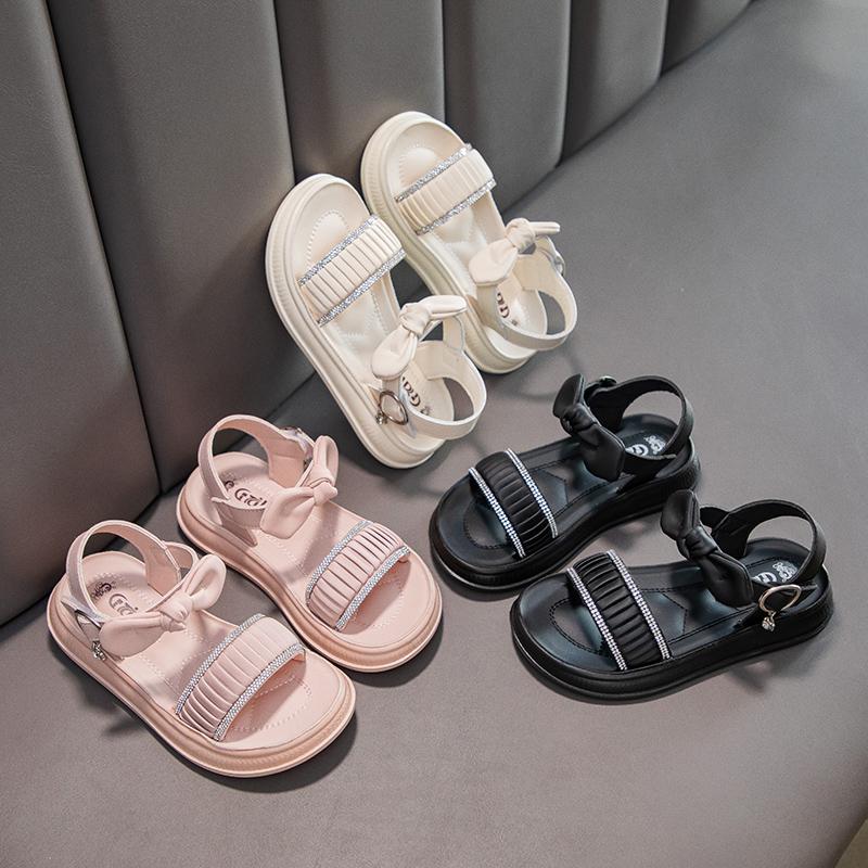Dziewczęce buty plażowe Słodkie plisowane Proste kokardki Dziecięce sandały Błyszczące kryształki 2025 Lato Nowe Dziecięce buty księżniczki Antypoślizgowa Miękka podeszwa
