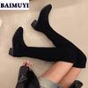 Women Pointed Toe Knee High Boots Winter Suede Chunky Chelsea Shoes Woman 2025 New Warm Snow Boots Short Plush Zapatillas Mujer