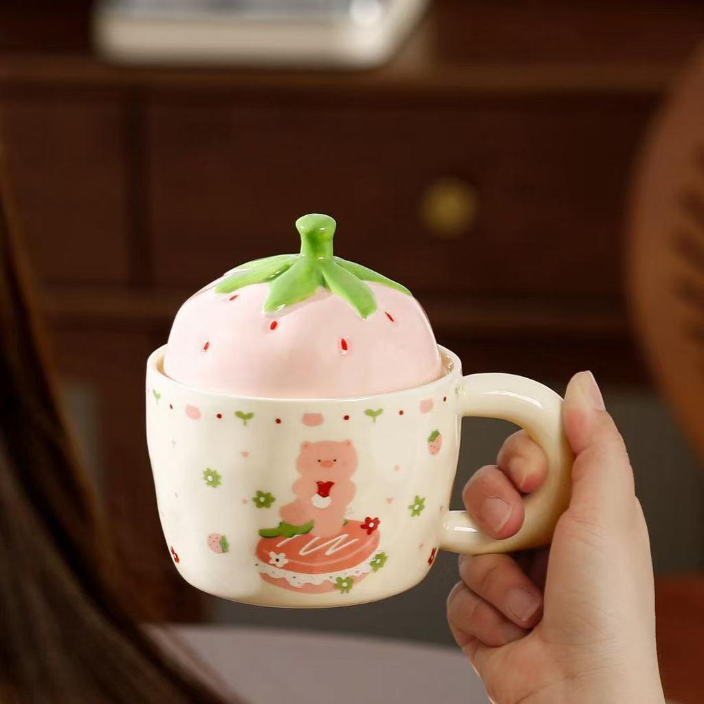 Strawberry Bear Ceramic Cup with Lid for Girls Gifts for Home Use Water Cup Mug High Looking Couple Milk Breakfast Cup
