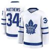Eishockey Trikot Weiß mit Blauen Akzenten "Matthews 34" Klassisches Ahornblatt Logo Trikot 3D Drucke T-Shirt Langarm V-Ausschnitt T-Shirt