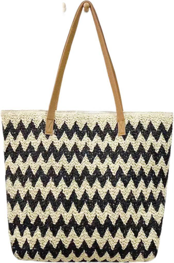 Natural Wavywoven Shoulder Bag With Organizer For Beach And Casual Outings