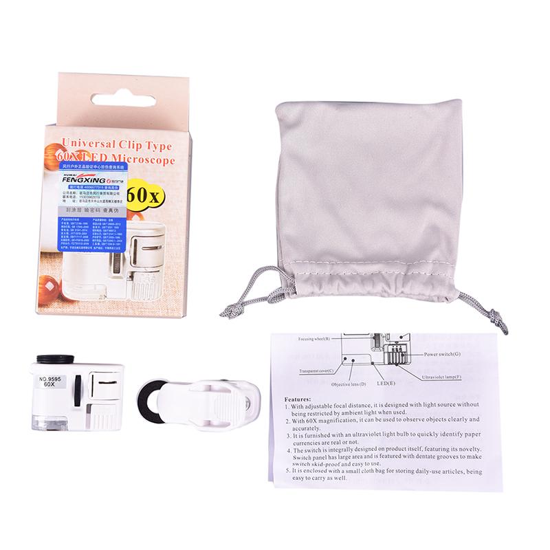 60X univerzální mobilní telefon Mini Clip LED UV světla Mikroskop Lupa Lupa