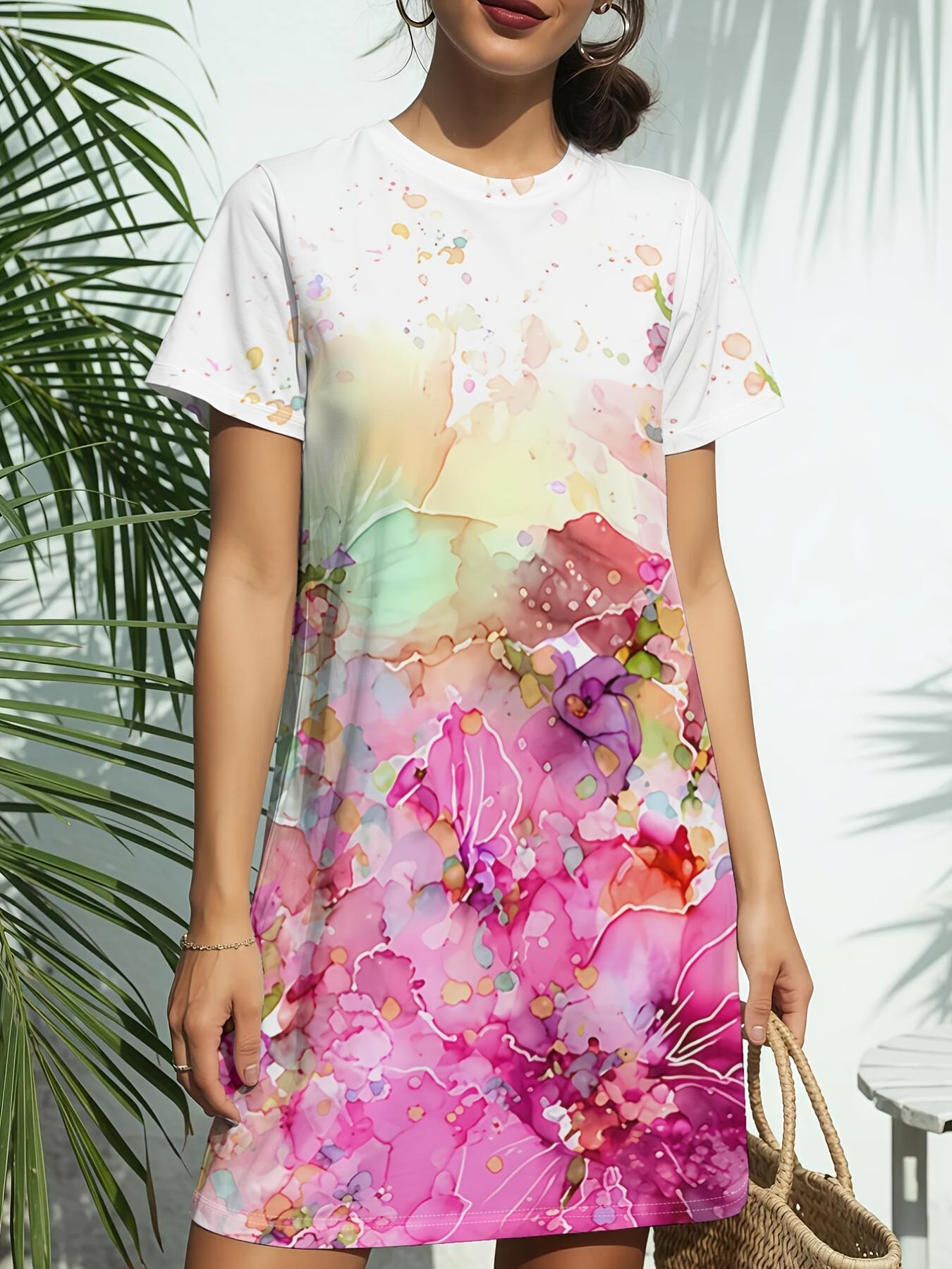 

Pink Swirl New Women S Round Neck Short Sleeve T-Shirt Dress. American Style Trendy Digital Print. Casual And Versatile for Spring And Summer. Elegant 7XL дубильная кора