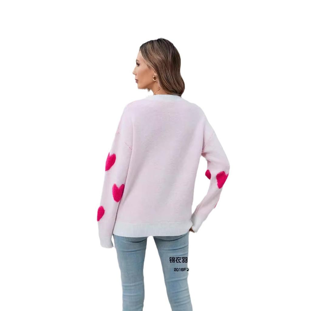 Winter Women's Sweater Love Valentine's Day Pullover Large Peach Heart Color Clash Sweater