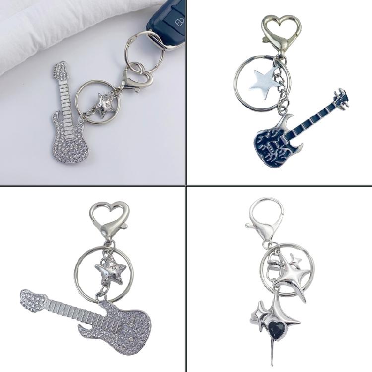 Guitar Pendant Keychain with Shimmering Stones Metal Keyring Sweet Cool Girls Key Chain Lightweight Jewelry for Bag