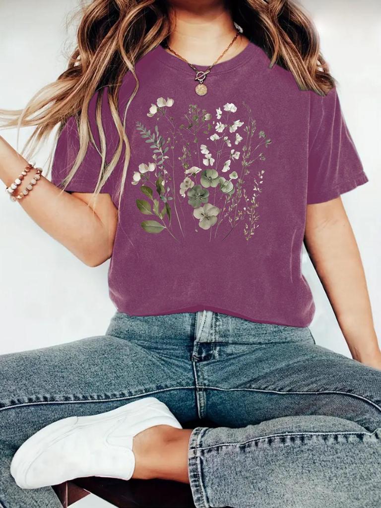 Damen Sommer T-Shirt mit Blumenmuster, Rundhalsausschnitt, kurzen Ärmeln