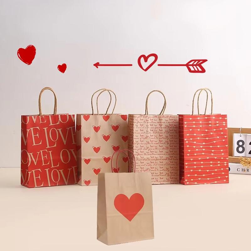 10PCS Heart Patterns Kraft Paper Bag with Handle Valentine's Day Gift Packaging Tote Romantic Bags Party Wedding Accessories ZYF
