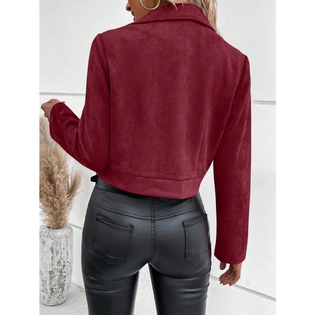 Wiosenna i jesienna kurtka damska krótka z klapami zapinana na zamek kurtka zamszowa krótka kurtka damska