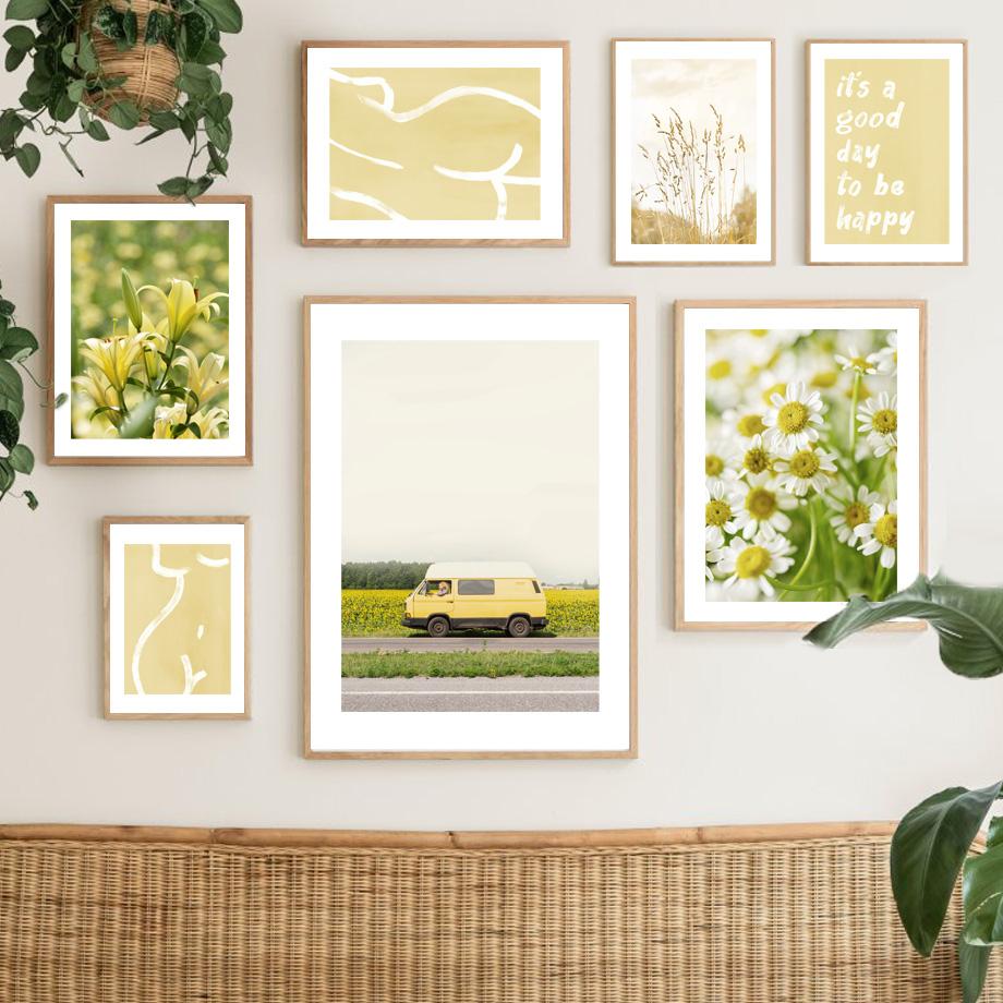 Yellow Grass Dahlia Daisy Sunflower Car Line Pose Wall Art Prints Canvas Painting Nordic Poster Decor Pictures For Living Room