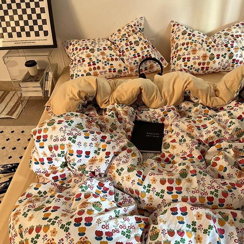 

Комплект постельного белья в корейском стиле, в стиле инс, ретро, свежий цветочный, из стираного хлопка, четыре предмета: пододеяльник, студенческое общежитие, простыня, три предмета 150x200 3pcs