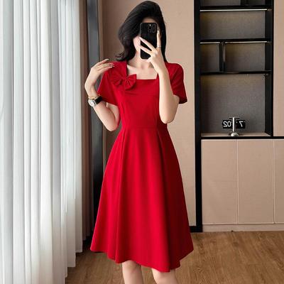 2026 Elegant Red French Short-Sleeve Slimming Plus Size Women's Dress