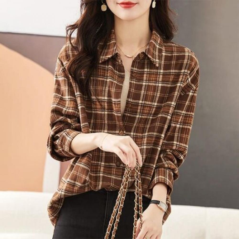 Navava Women Retro Check Long Sleeve Shirt Nb2980