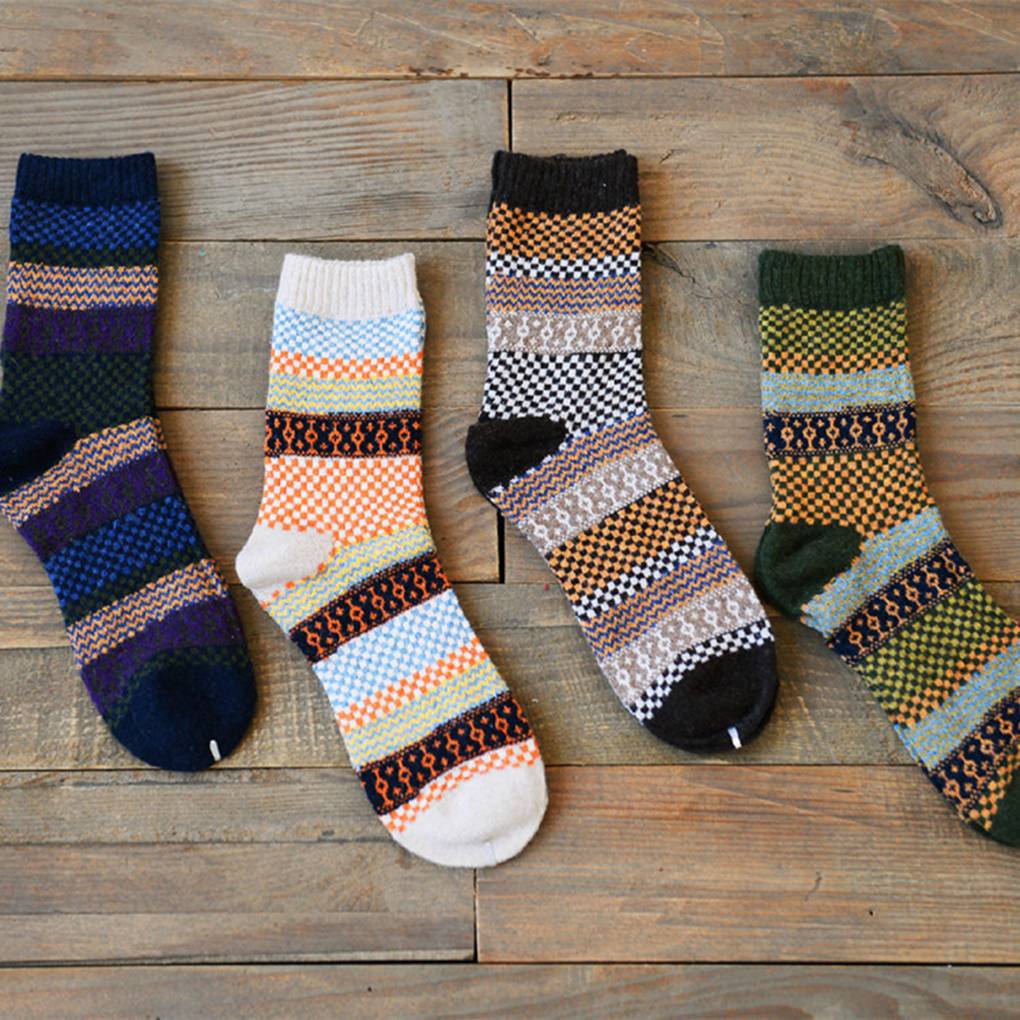 Winter Square Block Crew Length Square Block Wool Breathable Men Socks Vintage Ethnic Style Moisture Wicking