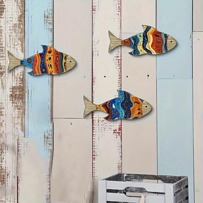 3Pcs/Set Nautical Wooden Fish Wall Decoration Farmhouse Rustic Colorful Fish Wall Art Sculpture Home Living Room Bathroom Wall Decorative Sign