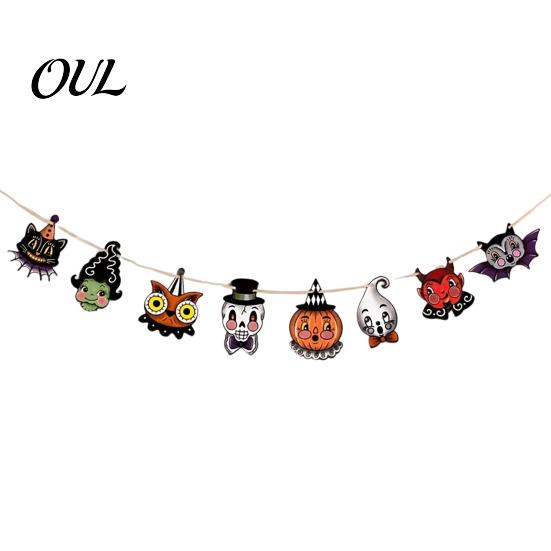 Halloween Ornament Collection 8Pcs Bunting Banner, Pumpkin Ghost Bat Witch Cartoon Hanging Garland, Decorative Props for Dessert Shops Retro