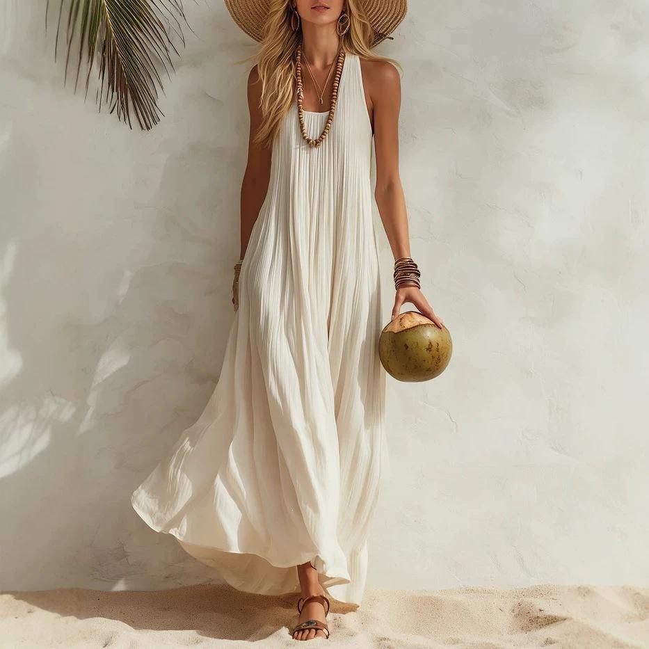 Women Halter Neck Sleeveless Maxi Dress Casual Solid Color Pleated Beach Dress