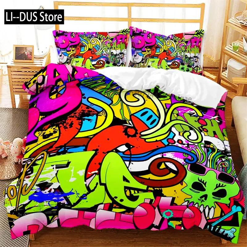 Graffiti Duvet Cover Hip Hop Street Culture Print Bedding Set Microfiber Colorful Overlapping Blocky Letters Art Comforter Cover