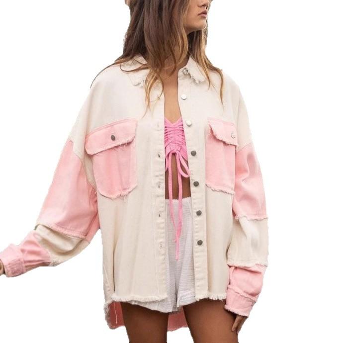 Spring and Summer New Vintage Washed Color-blocked Denim Jacket with Lapel and Casual Distressed Frilled Edges for Women