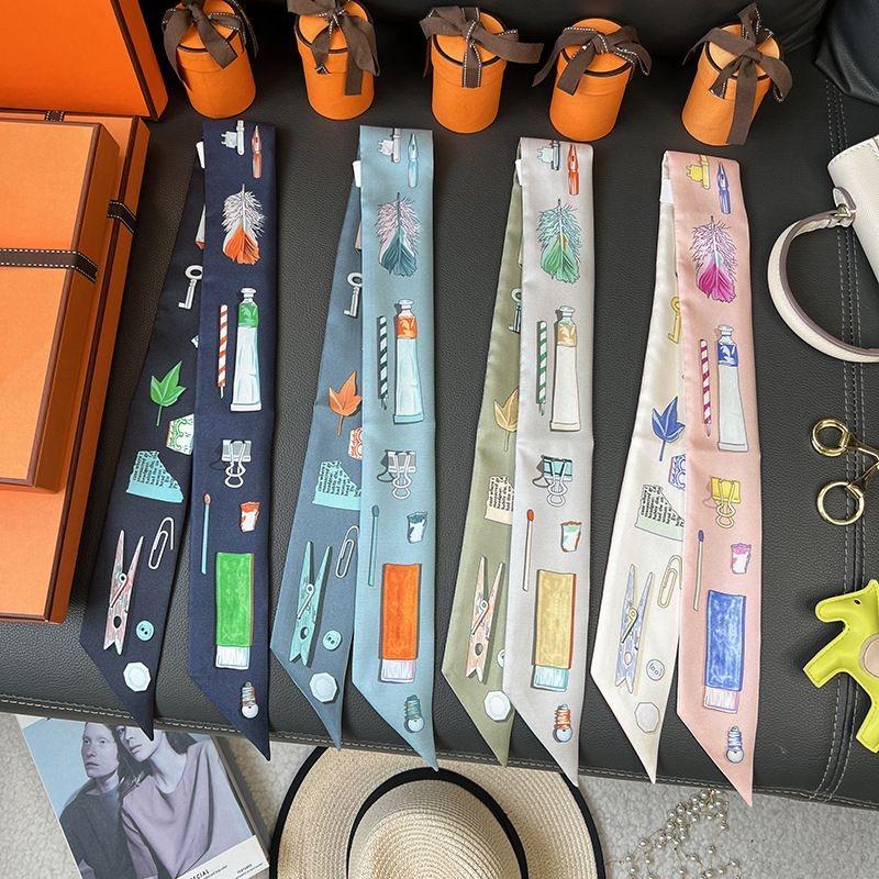 1 Stück Neuer Koreanischer Stil Griff Damen Köperdruck Schal Langes Band Haarband Halskette Schmaler Seidenschal Taschen Dekoration Zubehör