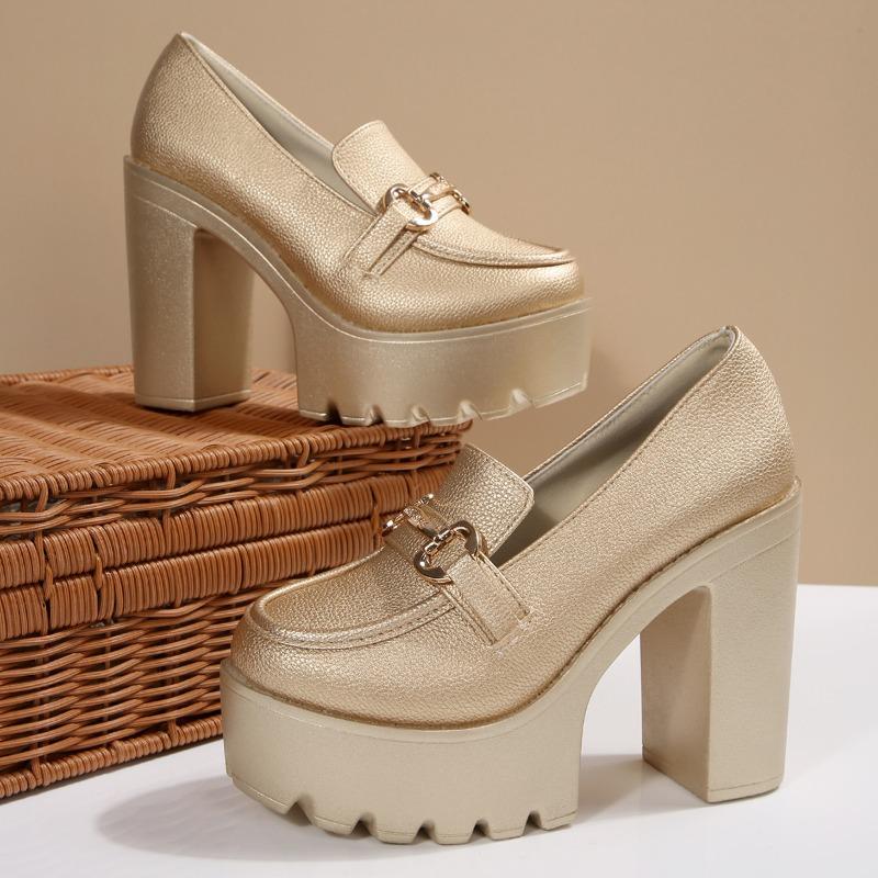 Super High Heel Single Shoes Autumn New Round Toe Shallow Mouth Metal Buckle Platform Non-slip Wear-resistant Block Heel Shoes