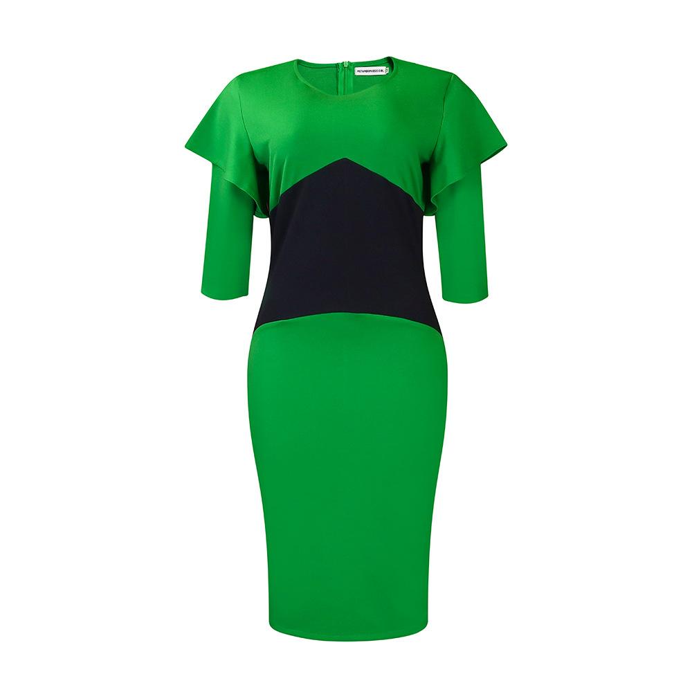 Women's Clothing Autumn and Winter New Color Matching Hip-wrapping Professional OL Long-sleeved Temperament Large-size Dress