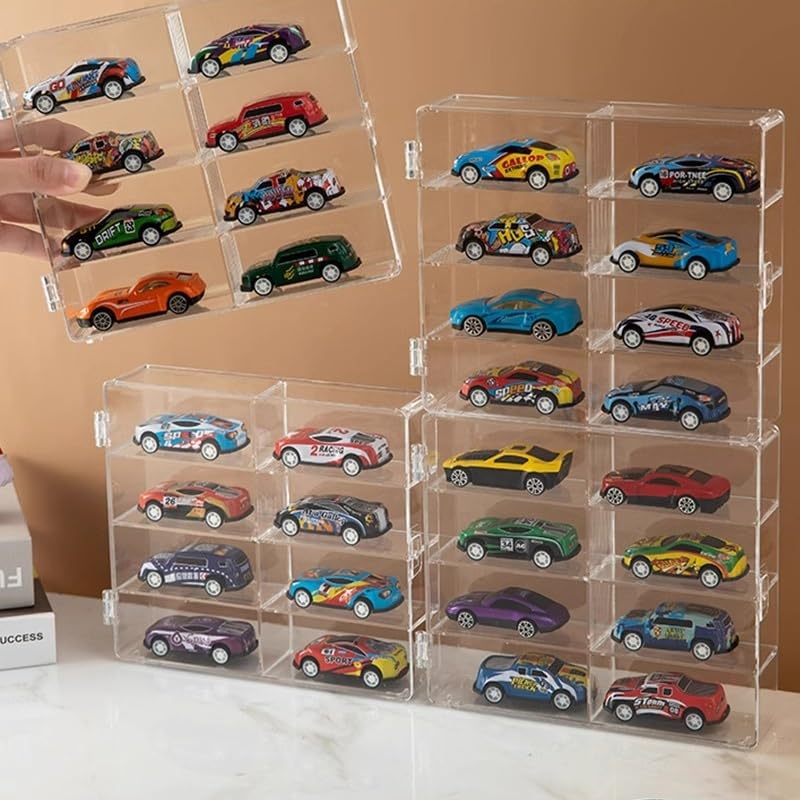 siawadeky Tomica Set of 8 Holds 16 Scale Collection Case for Miniature and Display Case, 2, Compartments, Transparent, Dustproof, Waterproof, 1/64