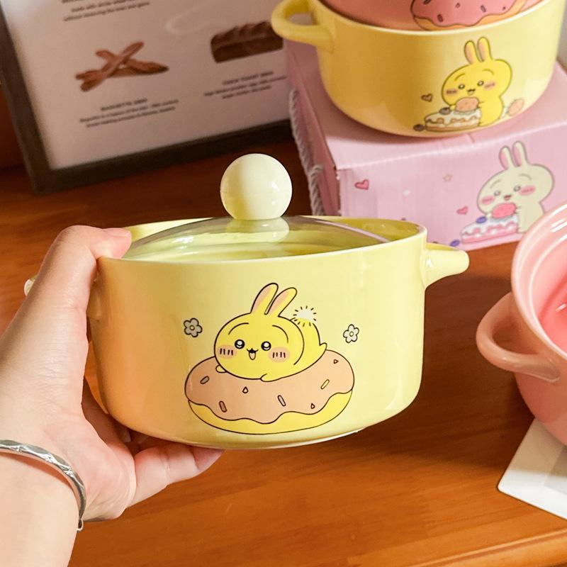 High-value Cute Tableware Ceramic Instant Noodle Bowl with Lid Children's Rice Bowl Student Dormitory Instant Noodle Bowl Binaural Soup Bowl