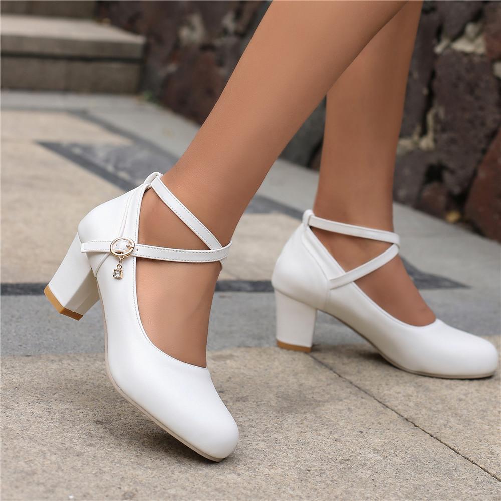 Fashion Women's Medium White Heels Spring Cross Ankle Strap Mary Janes Shoes Black Heeled Office Wedding Dance Shoes Dress Pumps Elegant