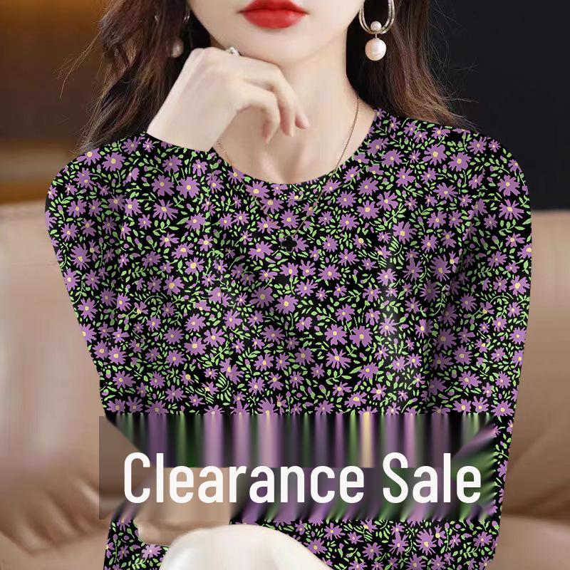 

Versatile Floral Autumn/Winter Elegant Women s Long Sleeve T-shirt, Thin Milk Silk Round Neck Base Layer Top XL