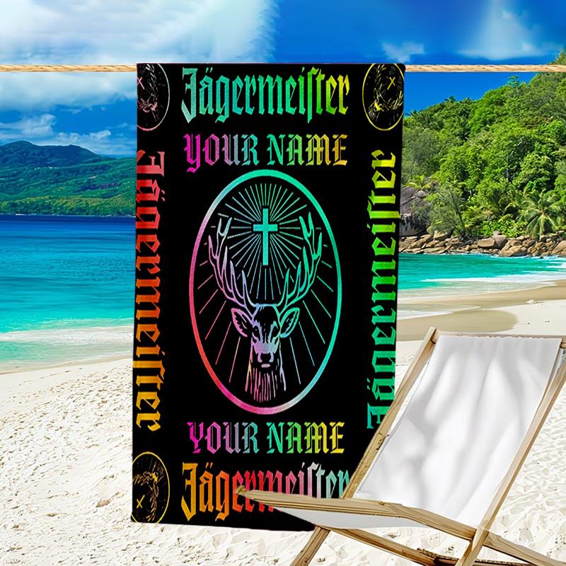 Custom Name Beach Towel Jager-meister Spirit Drink Beach Towel, Soft Microfiber, Gift for Her/Him, Birthday, for Pool, Beach, Travel, Fan gifts