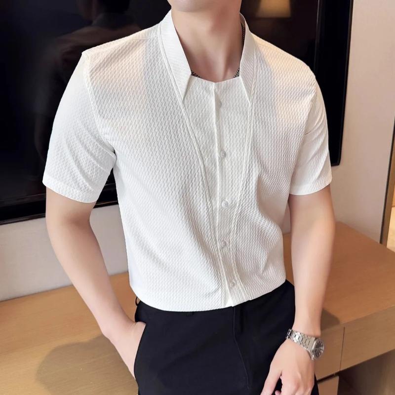 Men White Textured Stand Collar Button Down Short Sleeve Shirt S белый