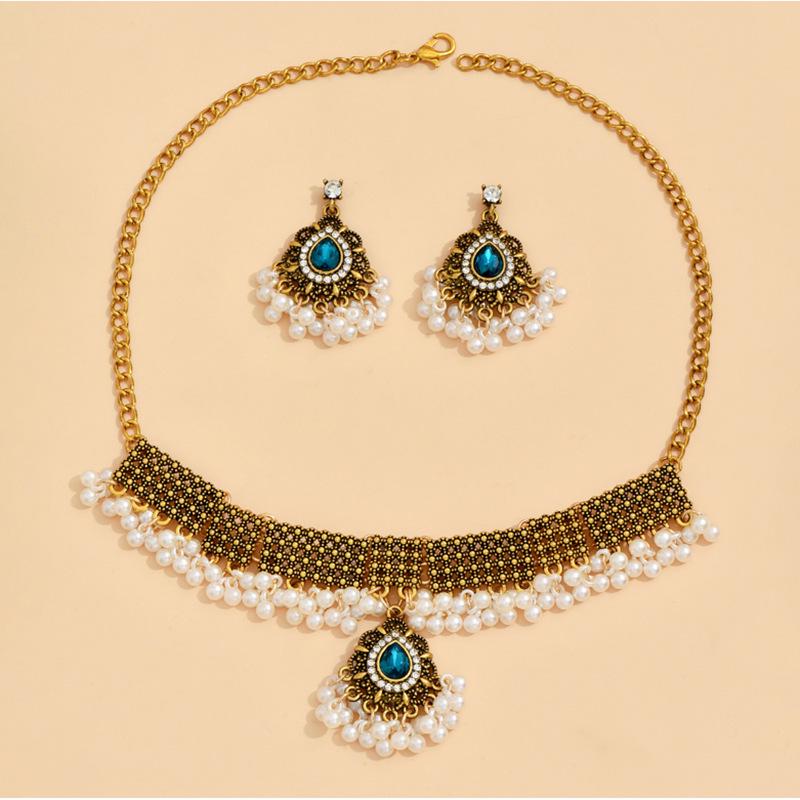 Southeast Asia Indian Ethnic Gemstone Beaded Earrings and Necklace Set