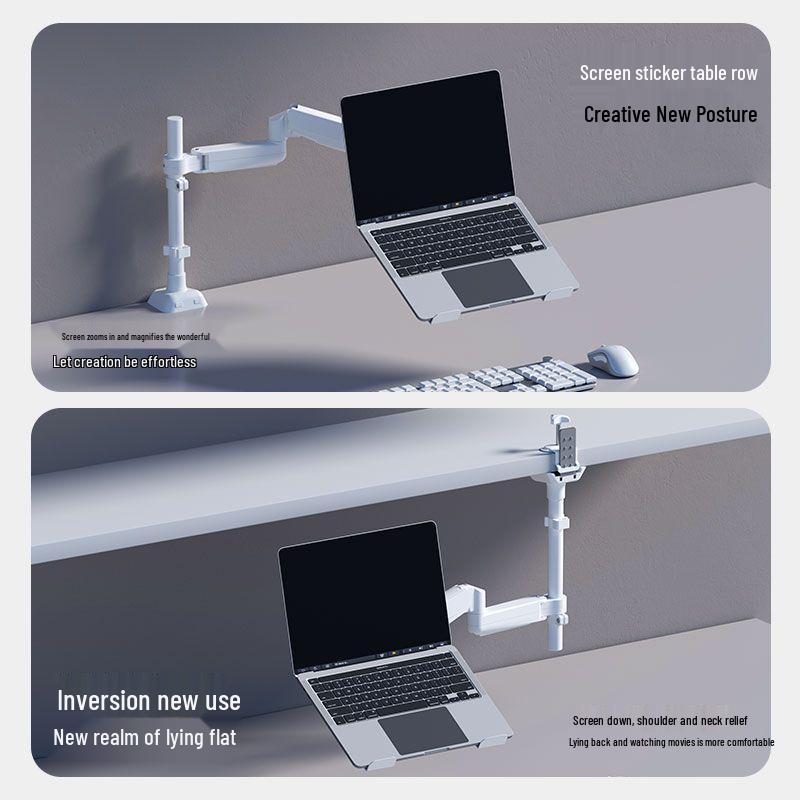 White Mechanical Arm Dual-Screen Laptop Stand: Liftable, Rotatable, and Suspended Cantilever Riser.