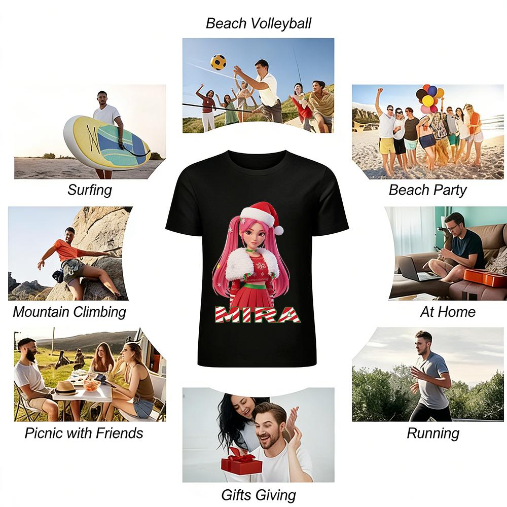 Christmas Themed MIRA Pink-haired Girl Print Top Casual Festival Style Crewneck Sweatshirt Pure cotton T-shirt