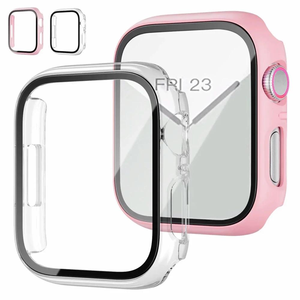 2PCS Tempered Glass+cover For Watch Case 44mm 40mm 42mm 41mm 45mm PC bumper Screen Protector iWatch series 9 8 7 6 5 3 se