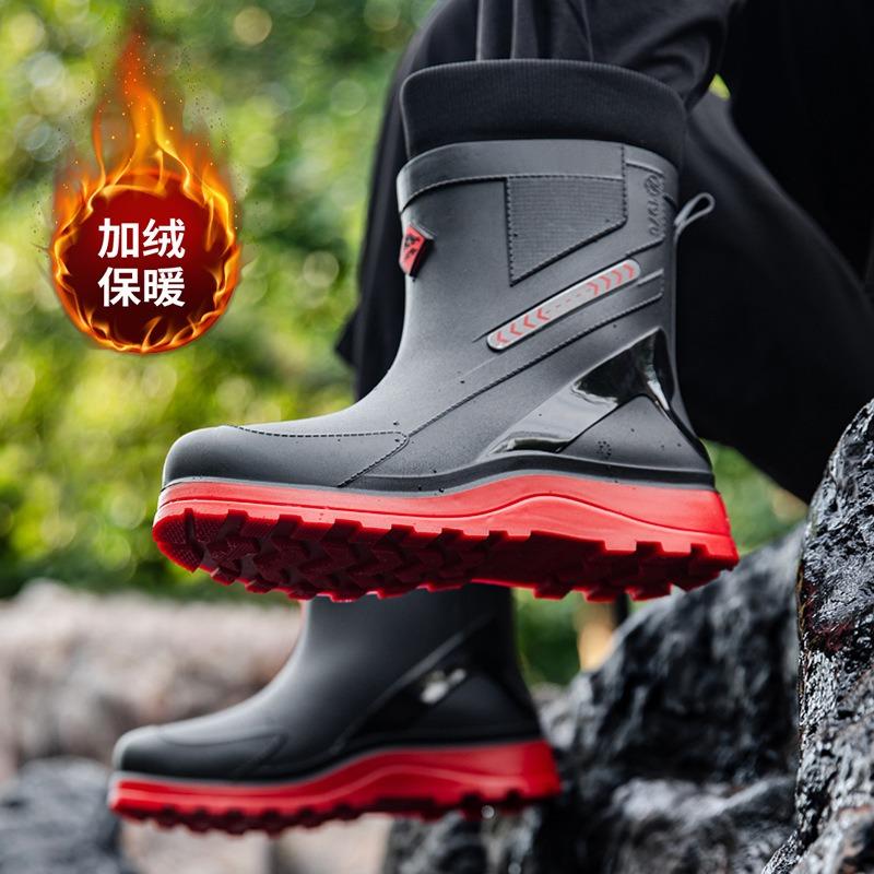 Winter velvet rain shoes men's medium tube thick-soled non-slip men's wear-resistant water shoes outdoor waterproof and warm rain boots